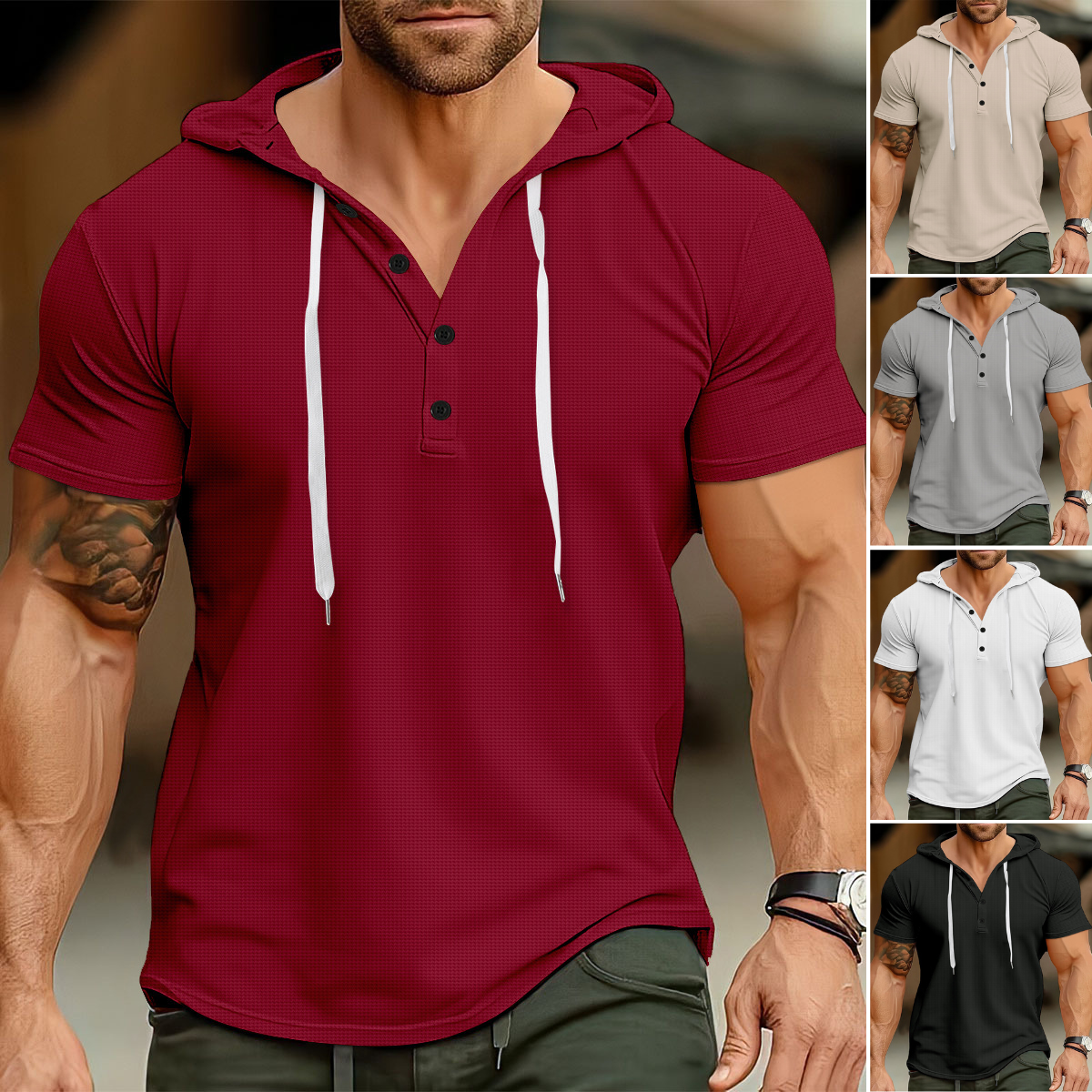 👉😎【50% zniżki ✨】【S–3XL】👔 Męska dopasowana koszulka polo z krótkim rękawem, z tkaniny waflowej, z kapturem i ściągaczem