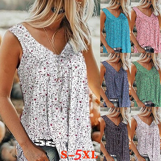 🎀【Popust ograničenog trajanja ✨】Ženski elegantni bezrukavni top s printom i V-izrezom u većim veličinama