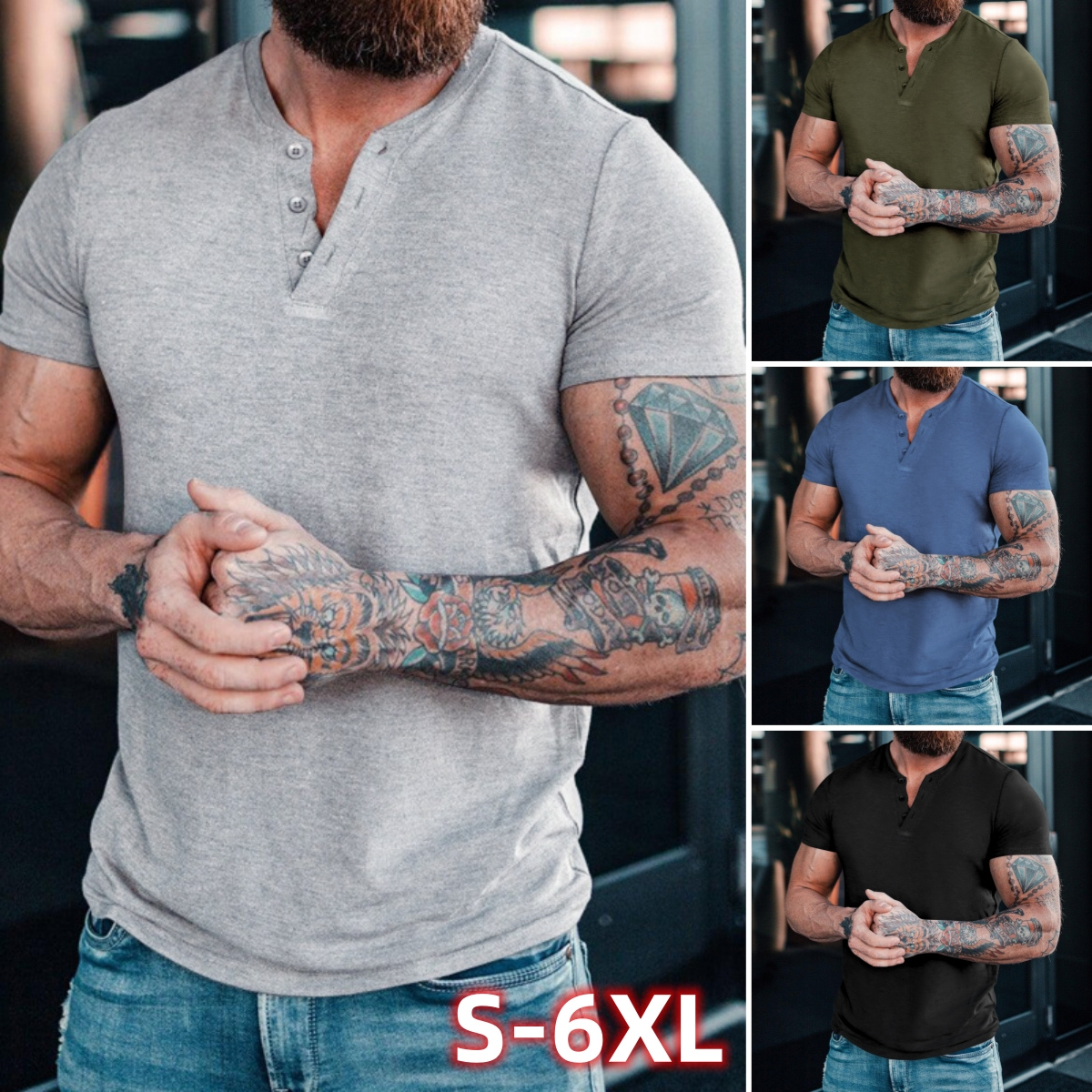 💪👕【50% popusta 🔥】【S–6XL, 7 boja】Muška majica Henley s okruglim izrezom i gumbima, jednobojna, dostupna u velikim veličinama