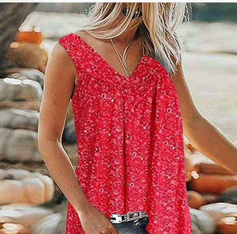🎀【Popust ograničenog trajanja ✨】Ženski elegantni bezrukavni top s printom i V-izrezom u većim veličinama