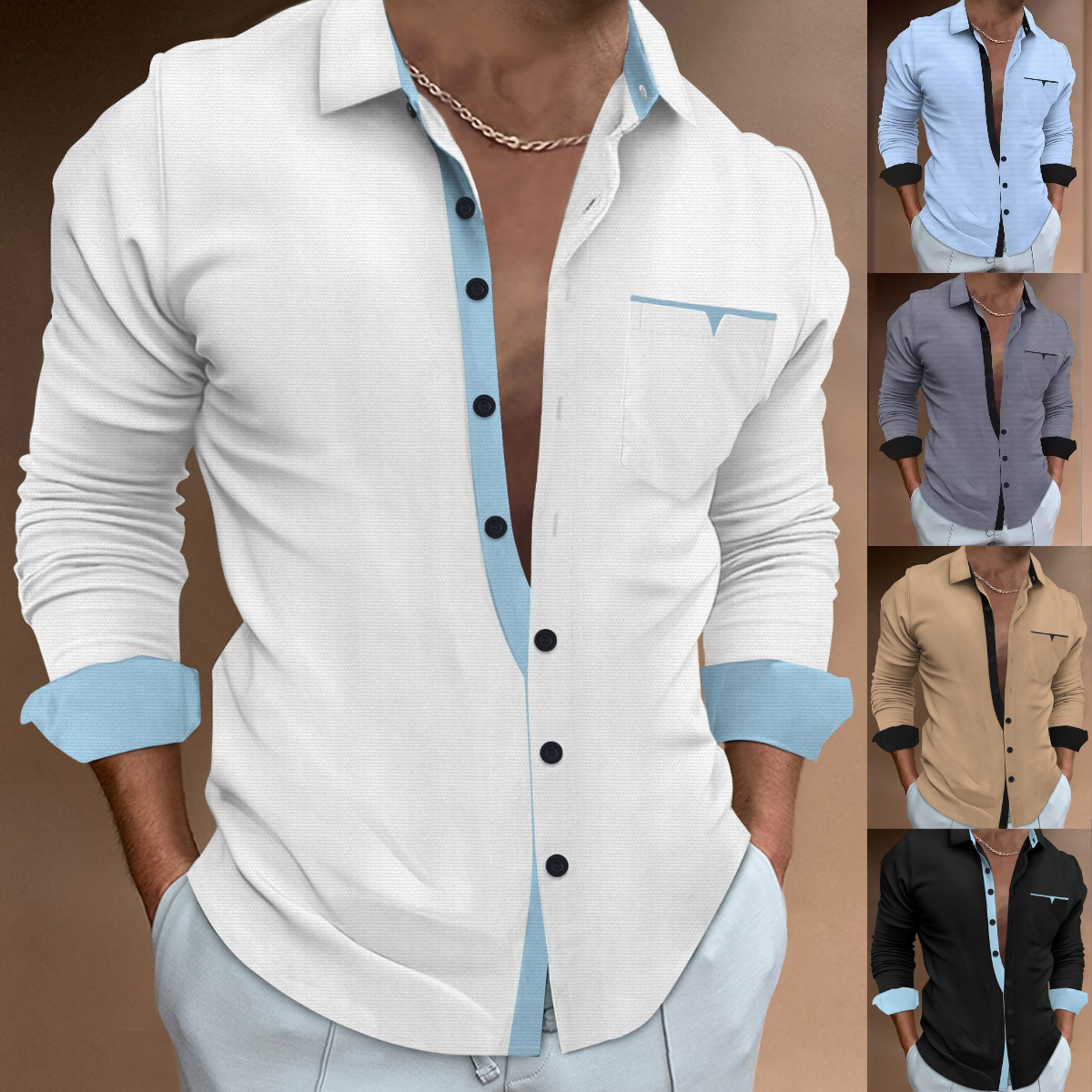 👔【50% zniżki ✨】Nowa letnia męska koszula z długim rękawem, luźna, z kontrastowymi kolorami